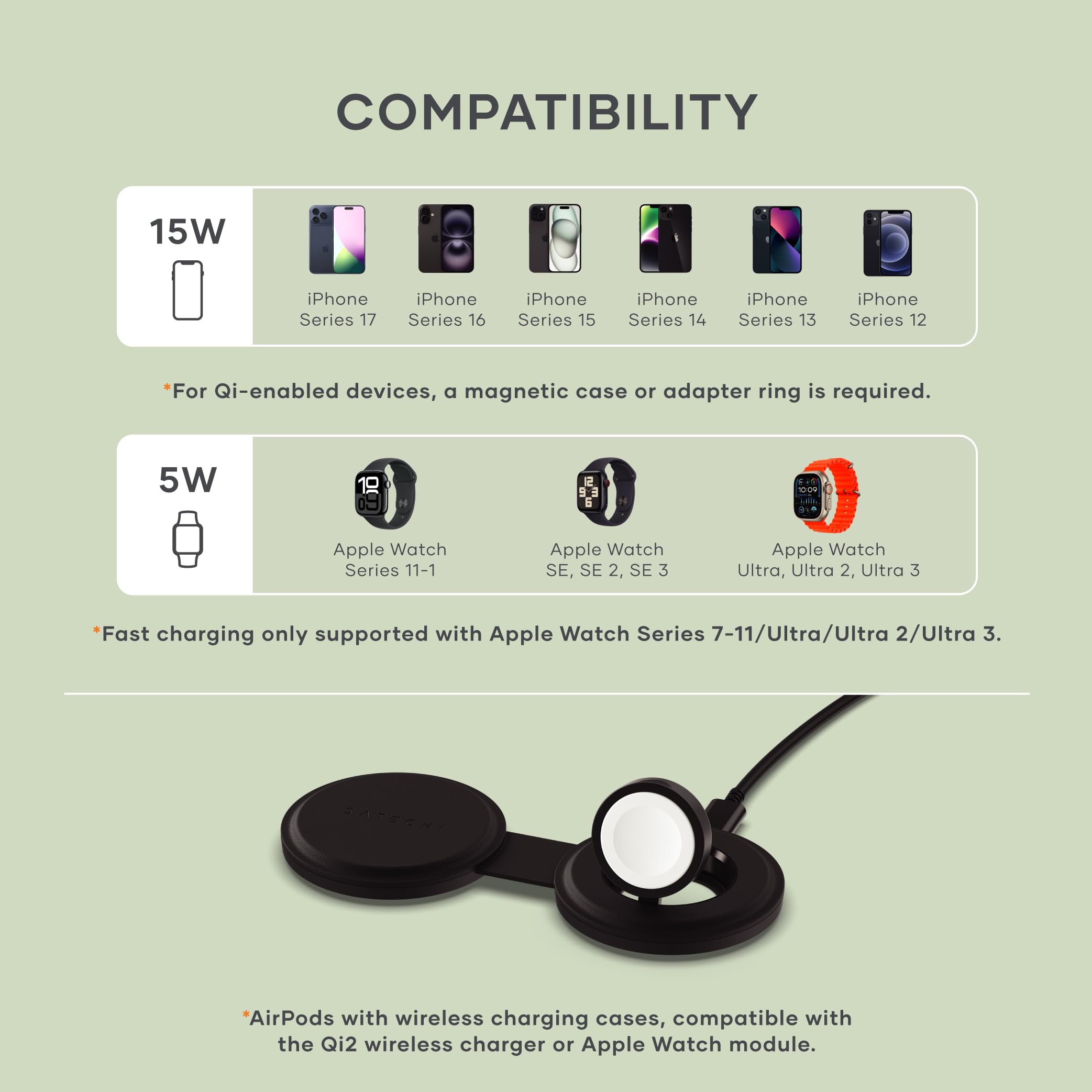 Satechi OntheGo™ 2 in 1 Wireless Charger, Qi2 Portable Charger with 15W Fast Charging for iPhone 17 to 12 Series and 5W for Apple Watch, Magnetic Travel Charging Station – Black - Image 8