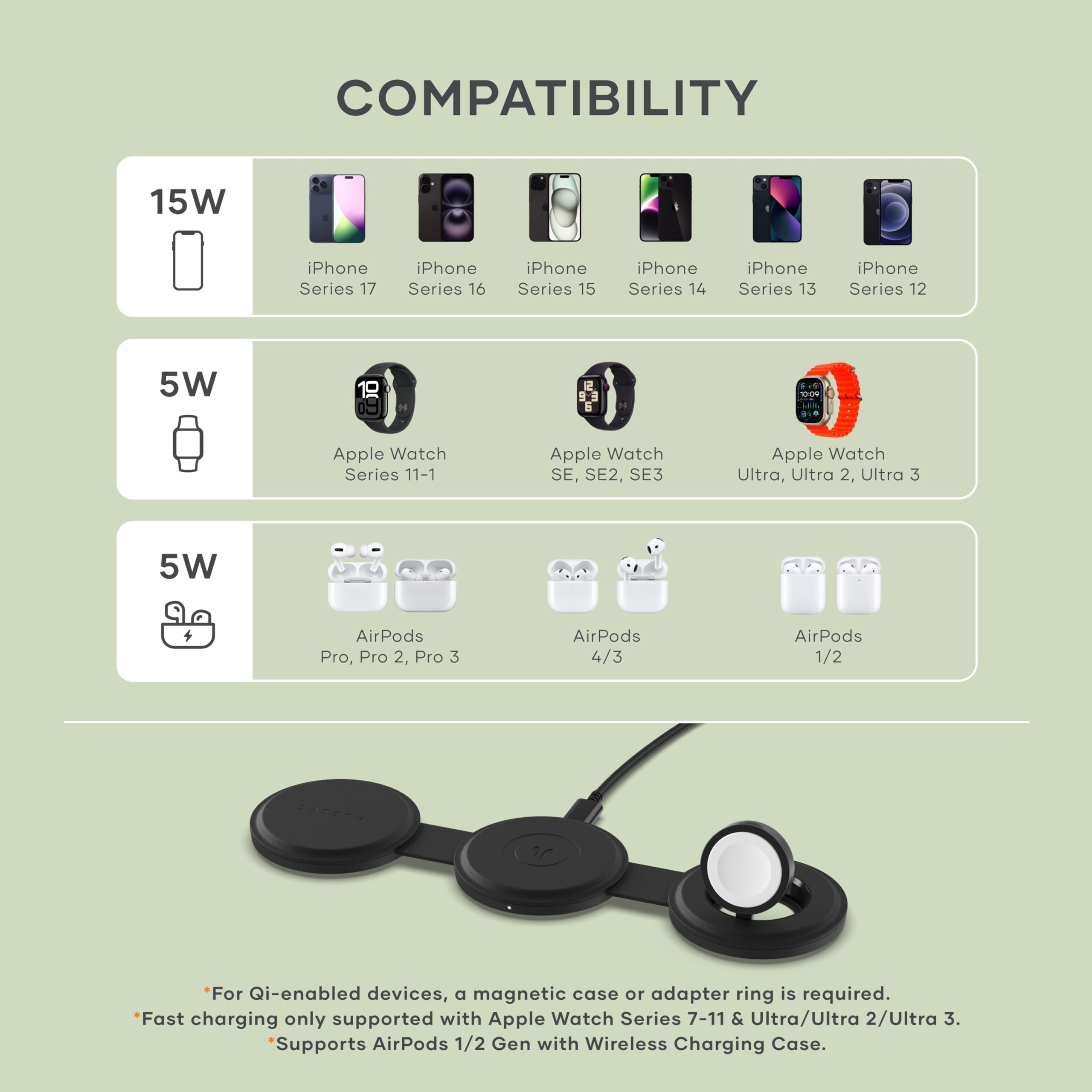 Satechi OntheGo™ 3 in 1 Wireless Charger, Qi2 Portable Charger with 15W Fast Charging for iPhone 17 to 12 Series, 5W for Apple Watch, and 5W for AirPods, Magnetic Travel Charging Station – Black - Image 7