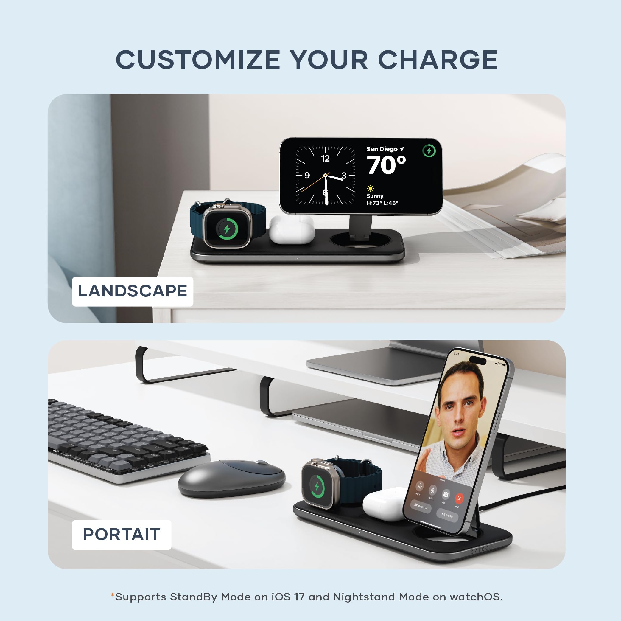 Satechi Qi2 Trio Wireless Charging Pad, 3 in 1 Wireless Charging Station, Qi2 15W Fast Charger for iPhone 17/16/15/14/13/12, 5W for AirPods and 5W for Apple Watch - Image 4