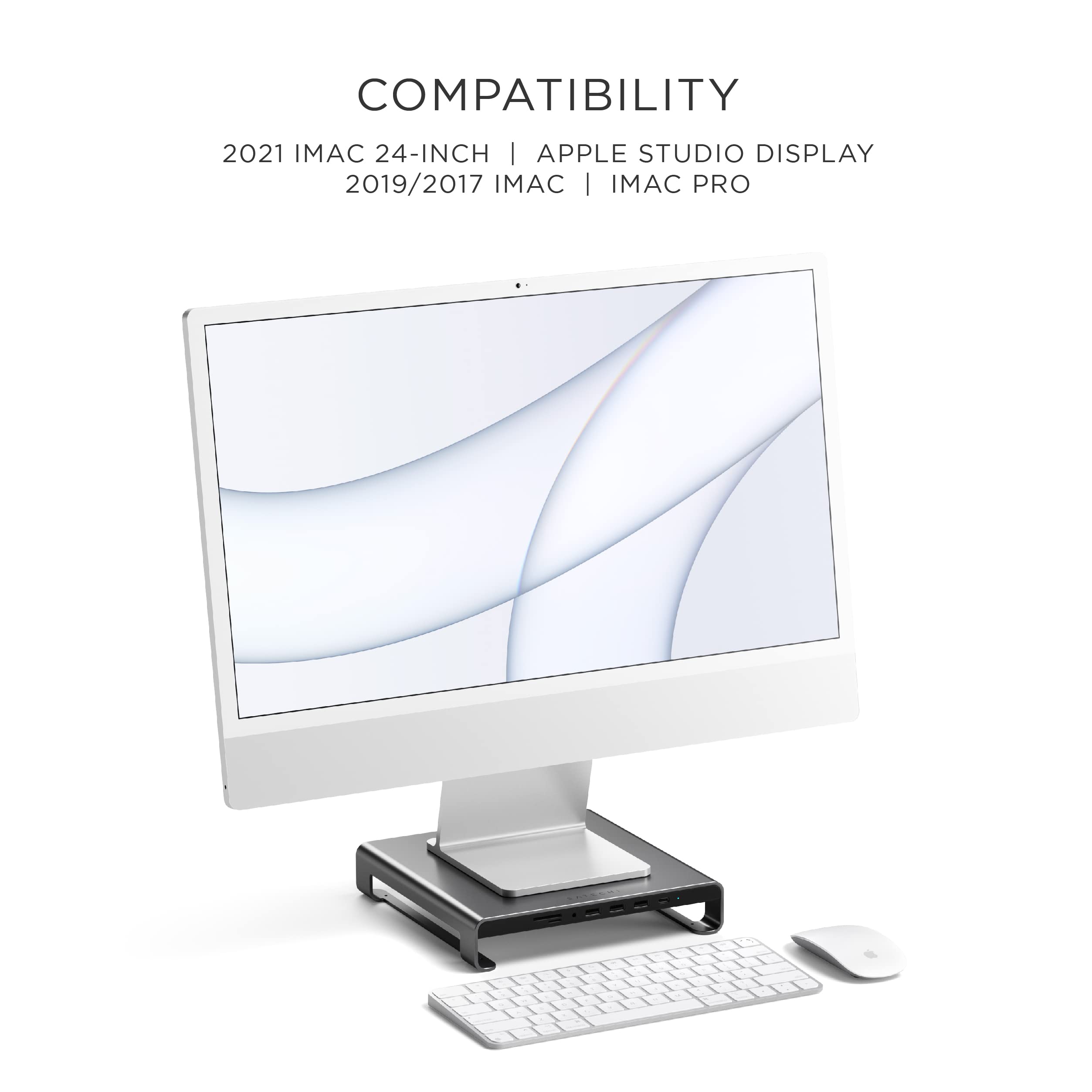 SATECHI Type-C Aluminum Monitor Stand Hub with USB-C Data, USB 3.0, Micro/SD Card Slots & 3.5mm Headphone Jack - for Apple Studio Display, iMac, iMac Pro (Space Grey) - Image 4