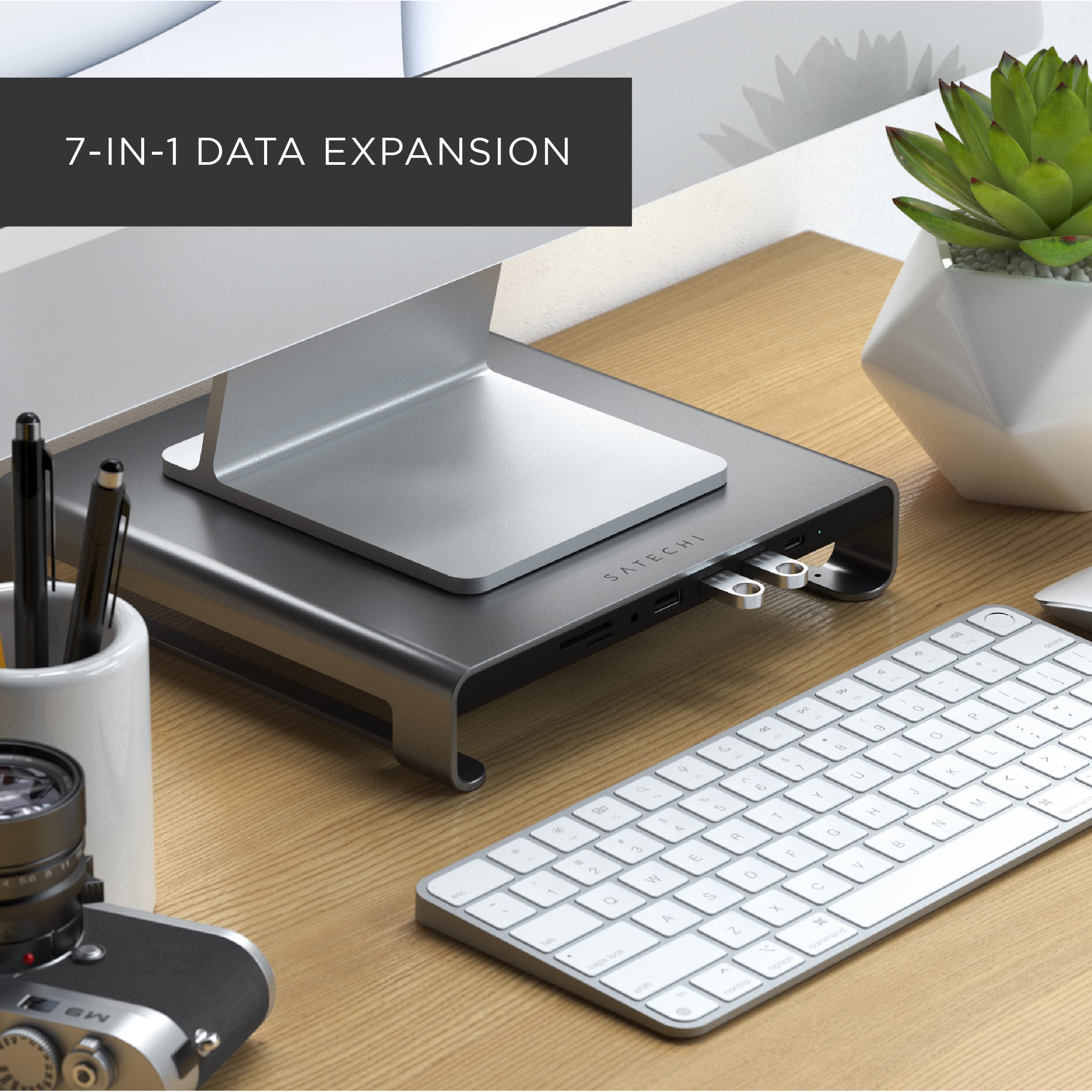 SATECHI Type-C Aluminum Monitor Stand Hub with USB-C Data, USB 3.0, Micro/SD Card Slots & 3.5mm Headphone Jack - for Apple Studio Display, iMac, iMac Pro (Space Grey) - Image 5