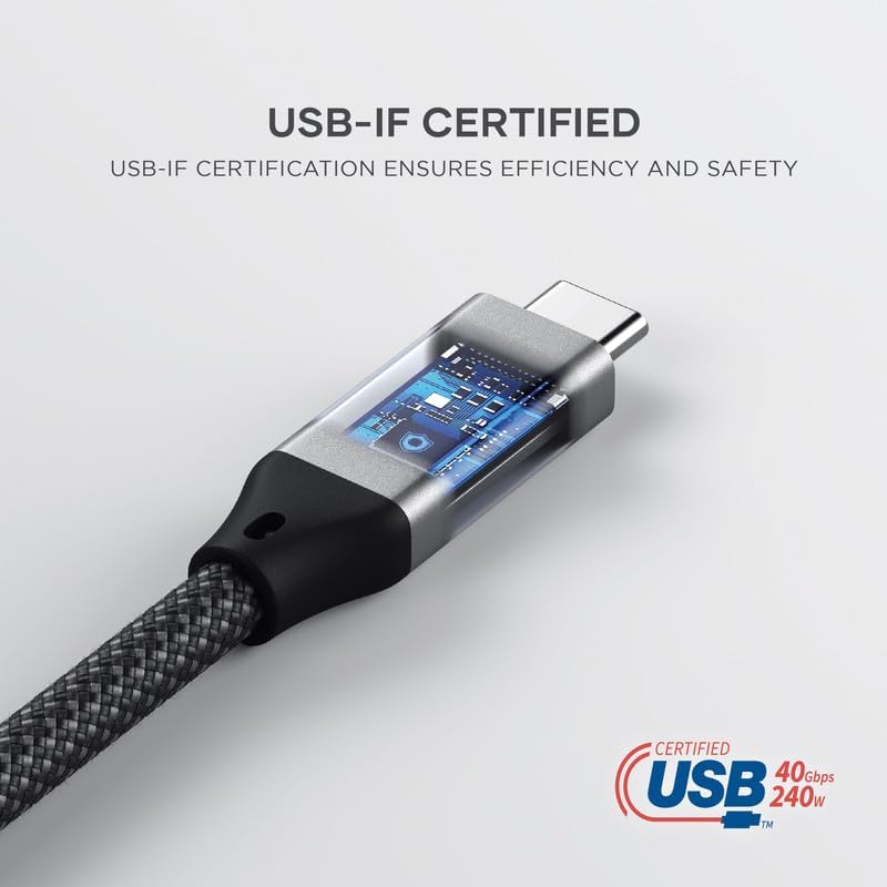 Satechi USB C to USB C 4.0 Pro Cable, USB-IF Certified, 240W Power Delivery, 8K Resolution @ 60Hz, 4K @ 120Hz Single/Dual Display, 40Gbps Data Transfer, Downward Compatible to 2.0 USBC (4 ft/1.2m) - Image 3