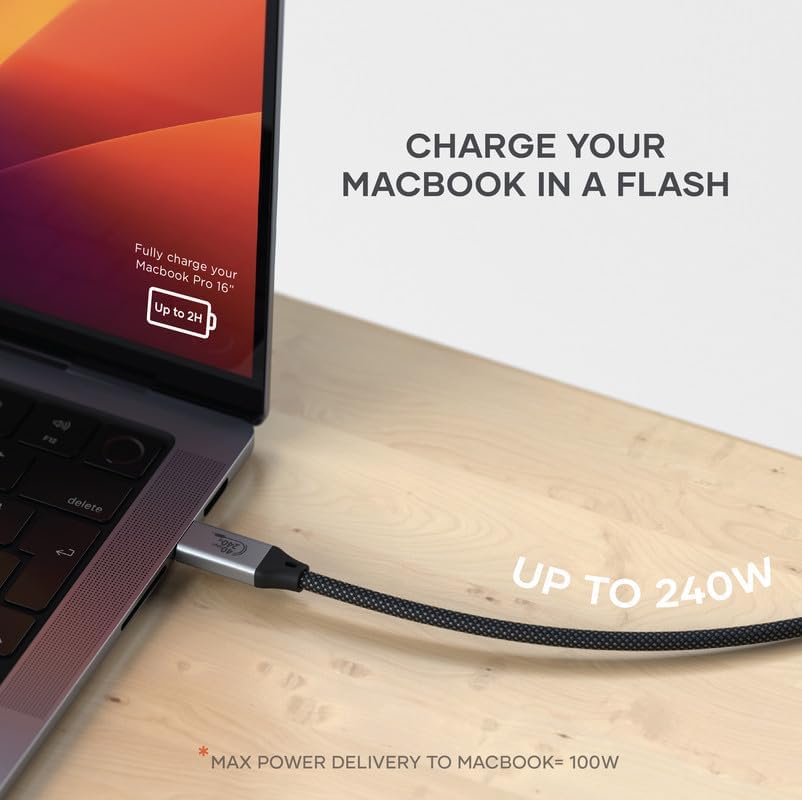 Satechi USB C to USB C 4.0 Pro Cable, USB-IF Certified, 240W Power Delivery, 8K Resolution @ 60Hz, 4K @ 120Hz Single/Dual Display, 40Gbps Data Transfer, Downward Compatible to 2.0 USBC (4 ft/1.2m) - Image 6